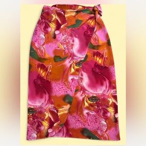 Multicoloured wrap floral midi skirt with internal button & tie waist